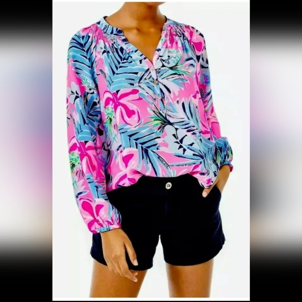 Lilly Pulitzer Elsa Silk Pink and Blue Tropical Blouse Top Sz S